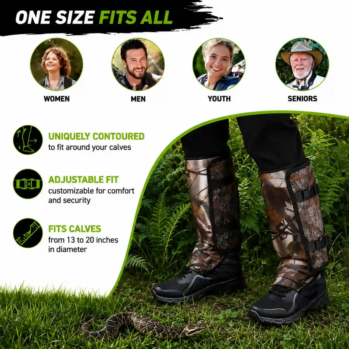 RodentGuardix snake leg guards with adjustable buckles for hiking and outdoor protection