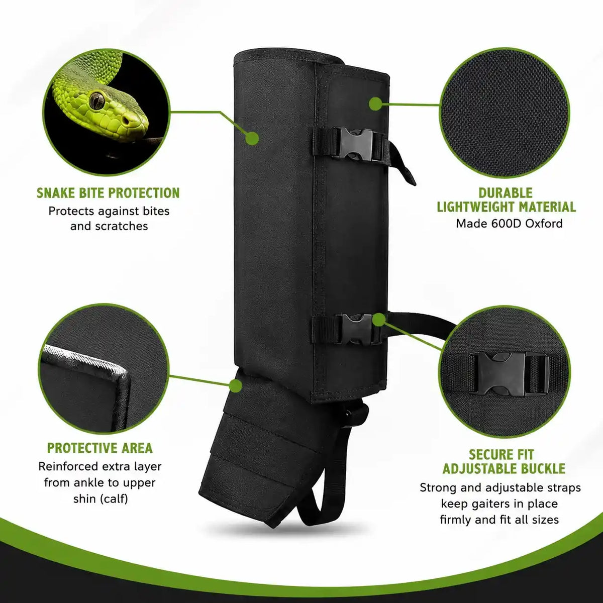 RodentGuardix snake bite leg guards with durable 600D Oxford material and adjustable buckles
